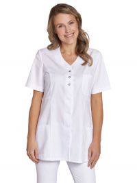 Kasack Damen Weiß – Longtop mit V-Ausschnitt, Druckknopfleiste und Taschen für medizinische Berufe, Pflege und Kosmetik